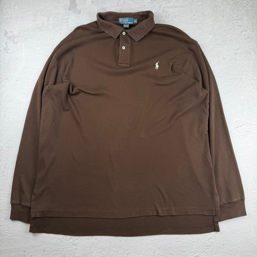 Vintage Ralph Lauren Langarm-Poloshirt in Braun, Größe XL – Herren