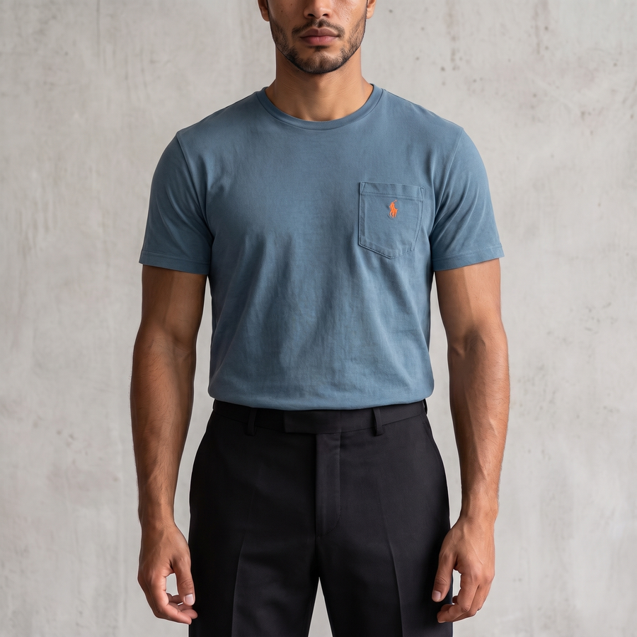 Vintage Polo Ralph Lauren T-Shirt mit Brusttasche in Blau, Größe L – Herren