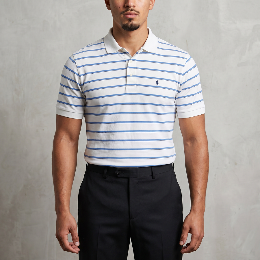 Vintage Ralph Lauren Poloshirt in Weiß/Blau, Größe XL – Herren
