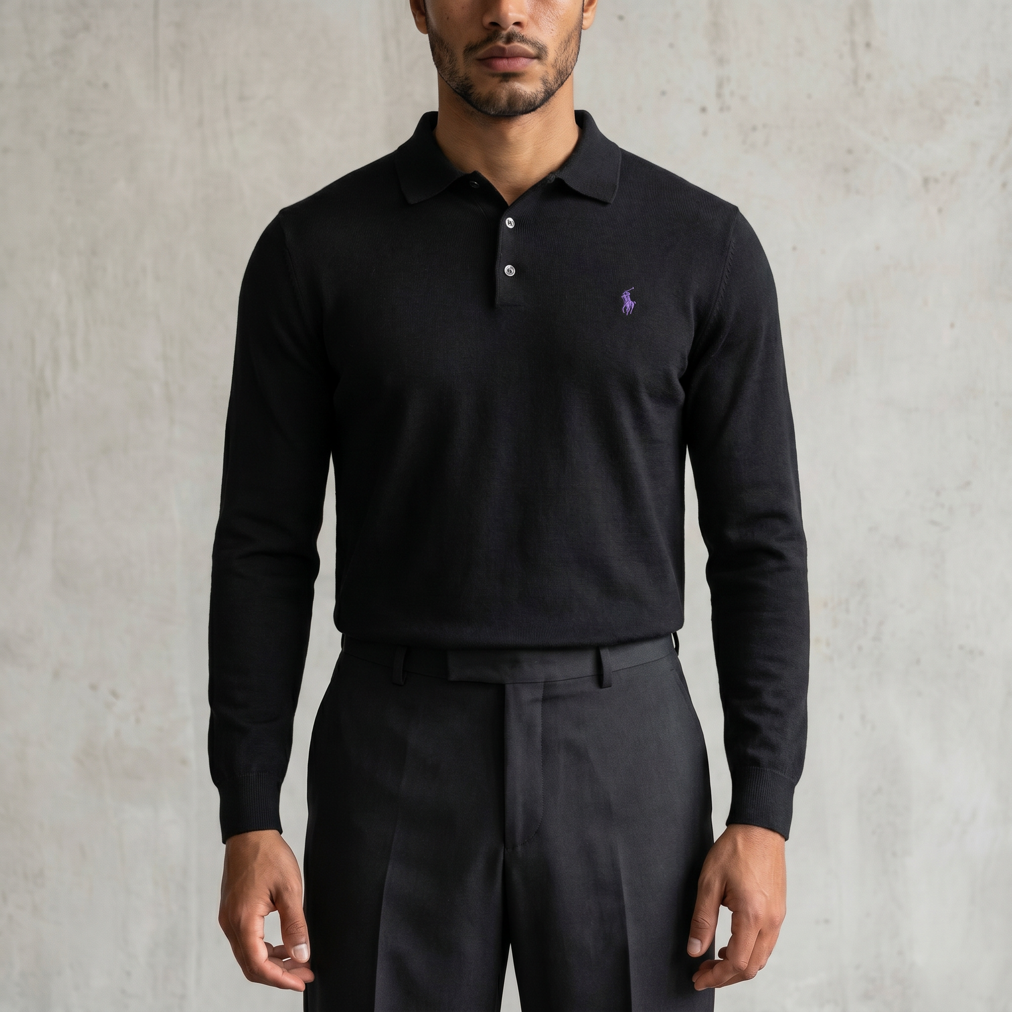 Vintage Polo Ralph Lauren Langarm-Poloshirt in Schwarz, Größe L – Herren
