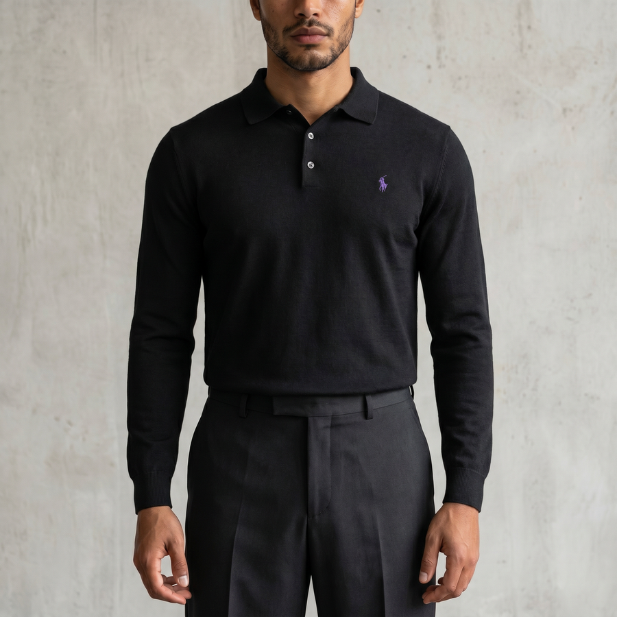 Vintage Polo Ralph Lauren Langarm-Poloshirt in Schwarz, Größe L – Herren
