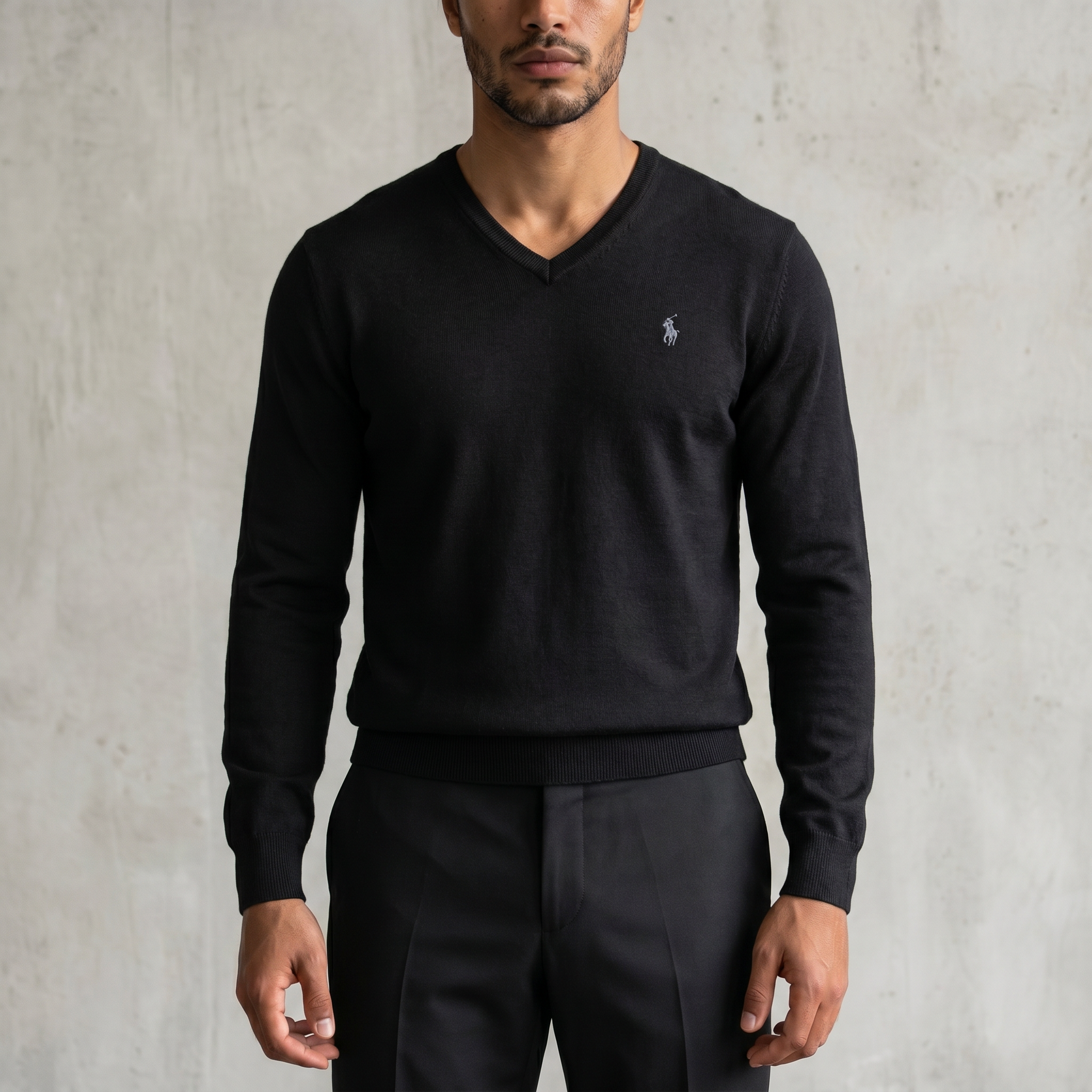 Vintage Polo Ralph Lauren V-Neck Sweatshirt Merino in Schwarz, Größe L – Herren
