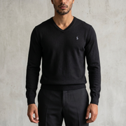 Vintage Polo Ralph Lauren V-Neck Sweatshirt Merino in Schwarz, Größe L – Herren