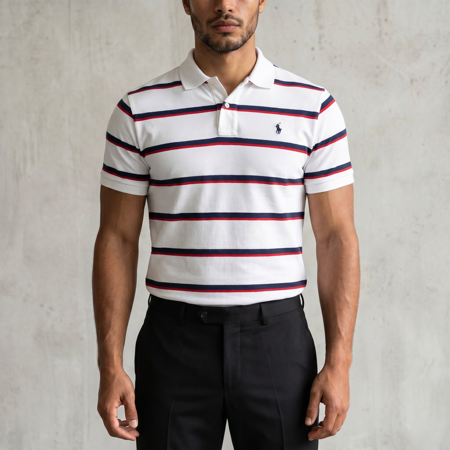 Vintage Polo Ralph Lauren Poloshirt gestreift in Weiß/Blau/Rot, Größe L – Herren