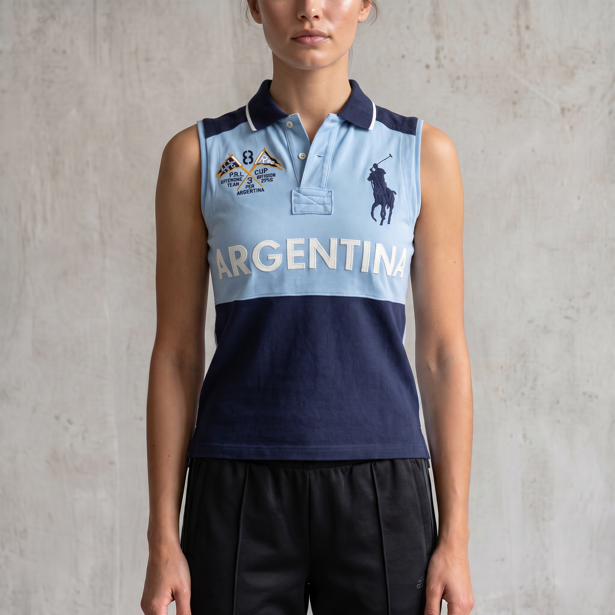 Vintage Ralph Lauren Poloshirt ärmellos in Blau, Größe S – Damen, am Model getragen