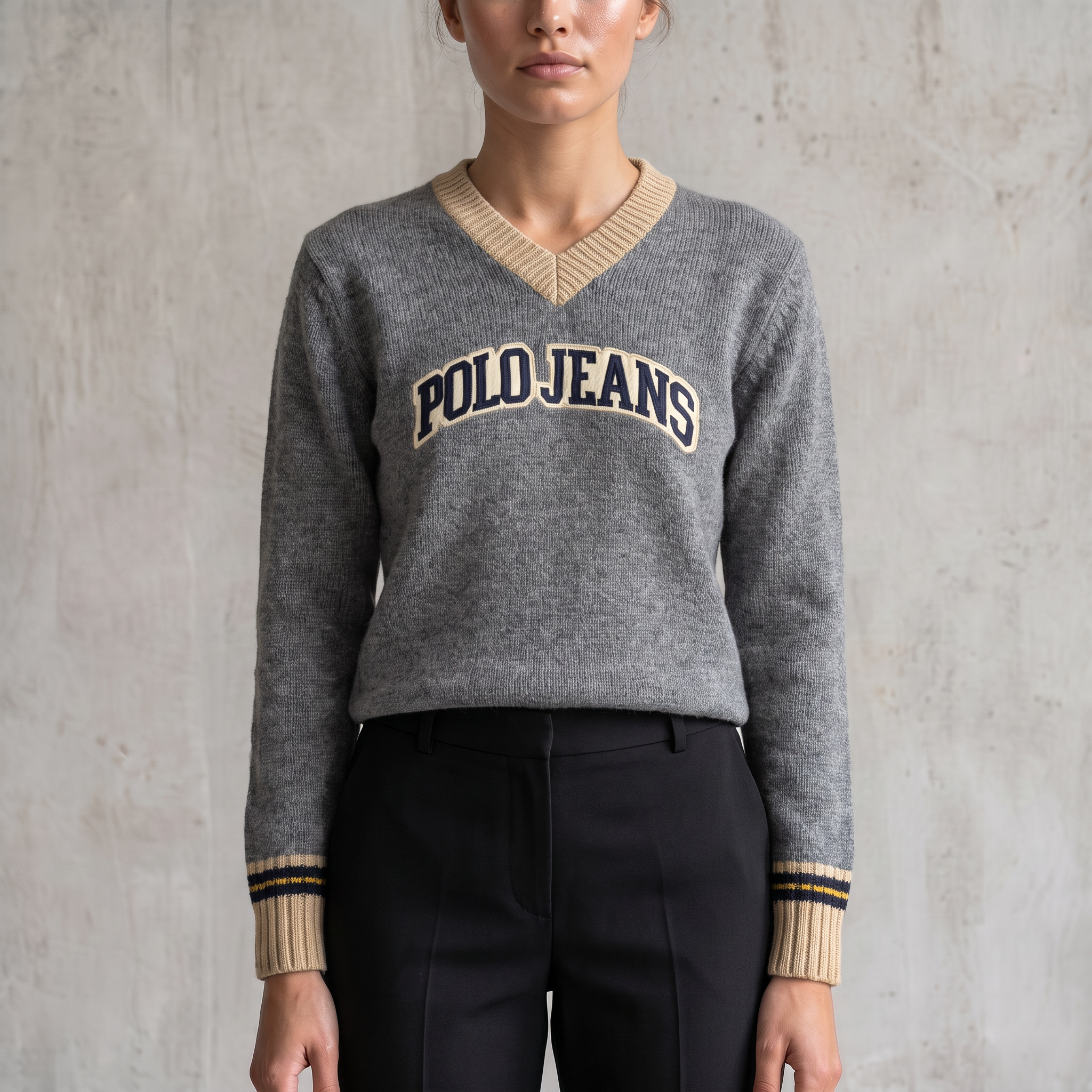 Vintage Ralph Lauren Wollpullover in Grau, Größe S – Damen, am Model getragen