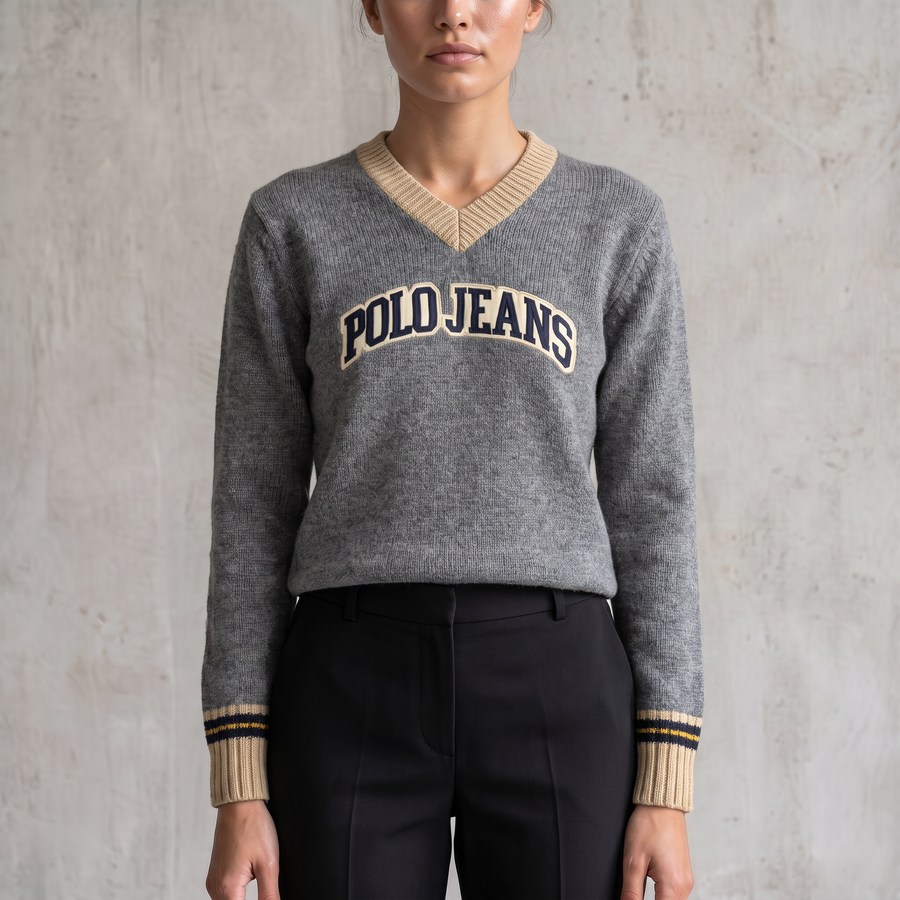 Vintage Ralph Lauren Wollpullover in Grau, Größe S – Damen, am Model getragen