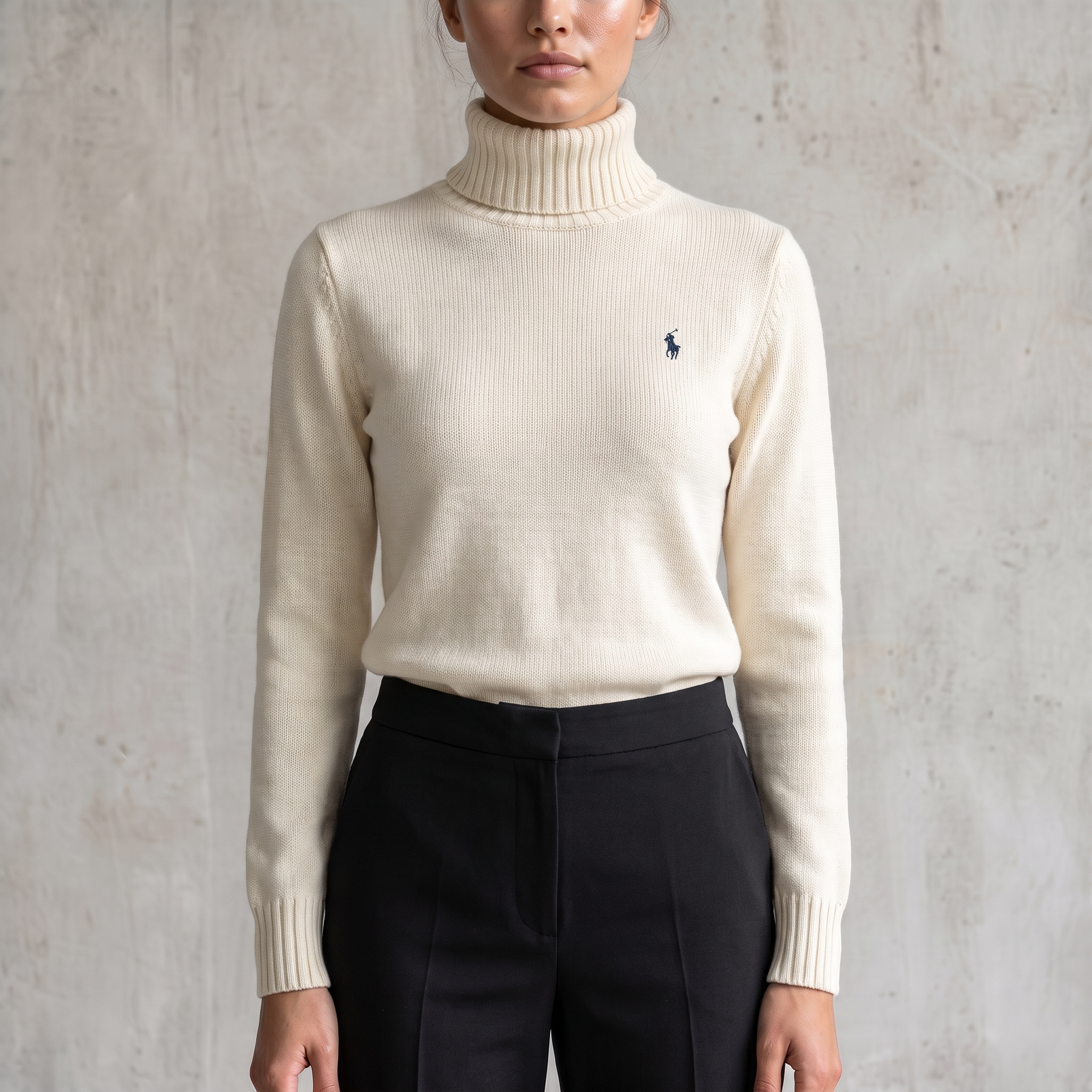 Vintage Ralph Lauren Rollkragenpullover in Weiß, Größe M – Damen, am Model getragen