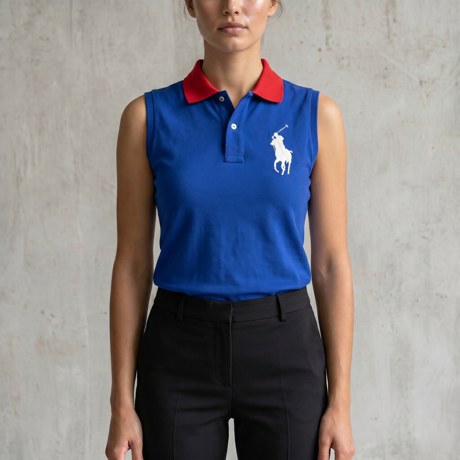 Vintage Ralph Lauren Poloshirt ärmellos in Blau, Größe XXL – Damen