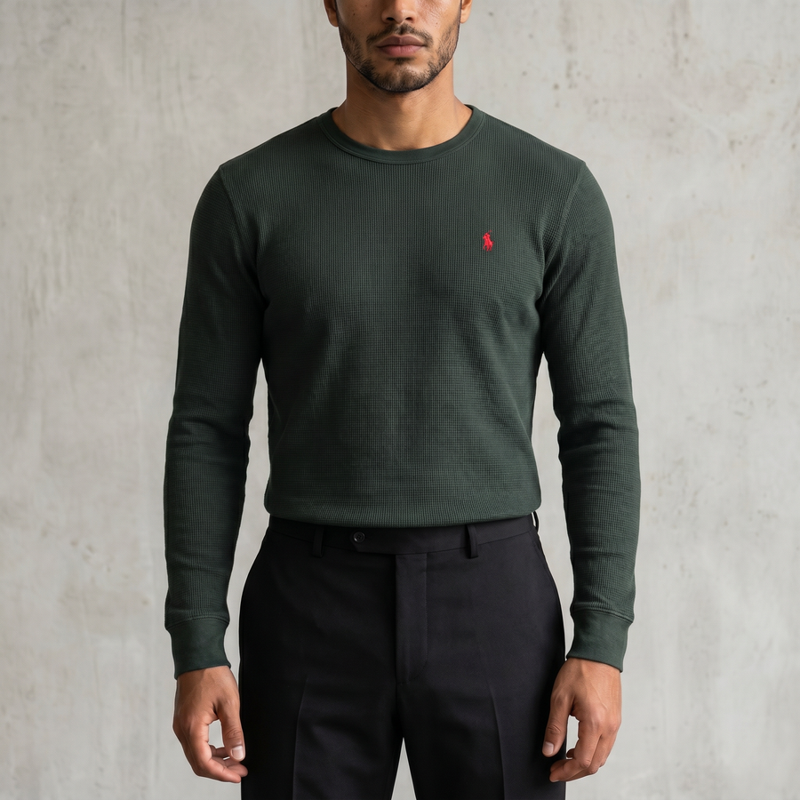 Vintage Polo Ralph Lauren Waffle Strick Sweatshirt in Schwarz, Größe L – Herren