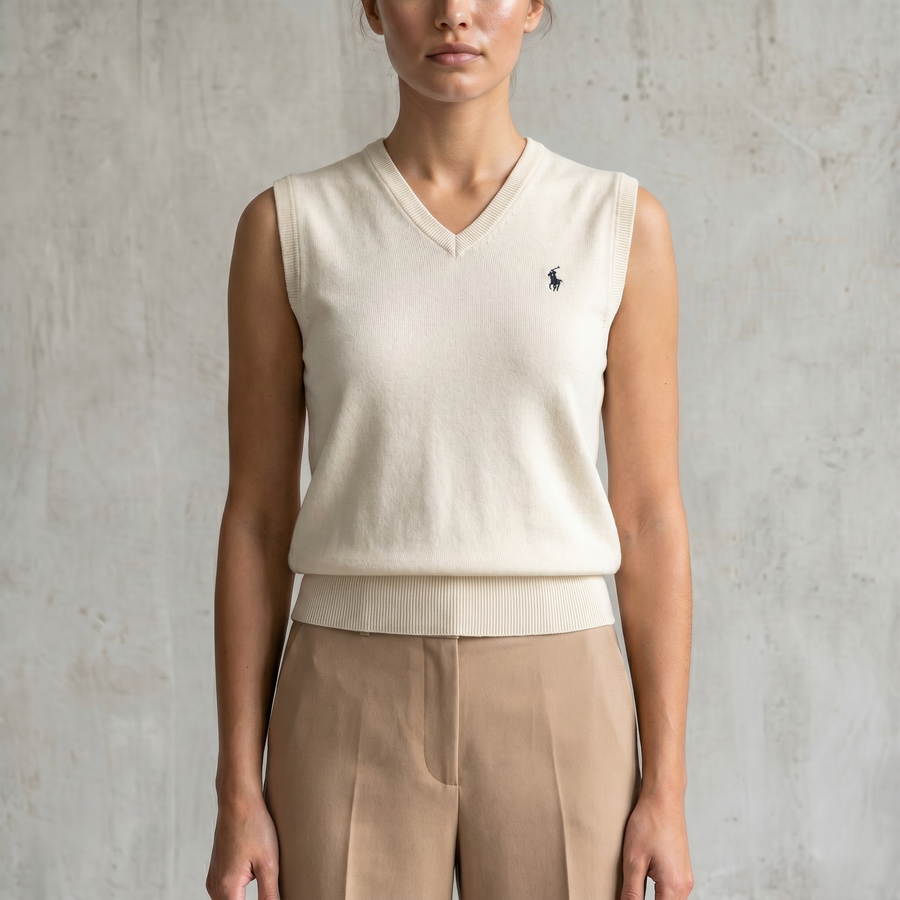 Vintage Ralph Lauren Strick-Weste in Beige, Größe M – Damen