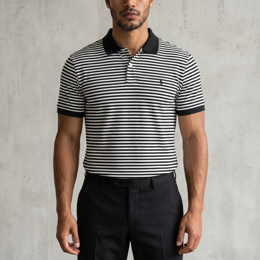Vintage Polo Ralph Lauren Poloshirt gestreift in Schwarz/Weiß, Größe XL – Herren