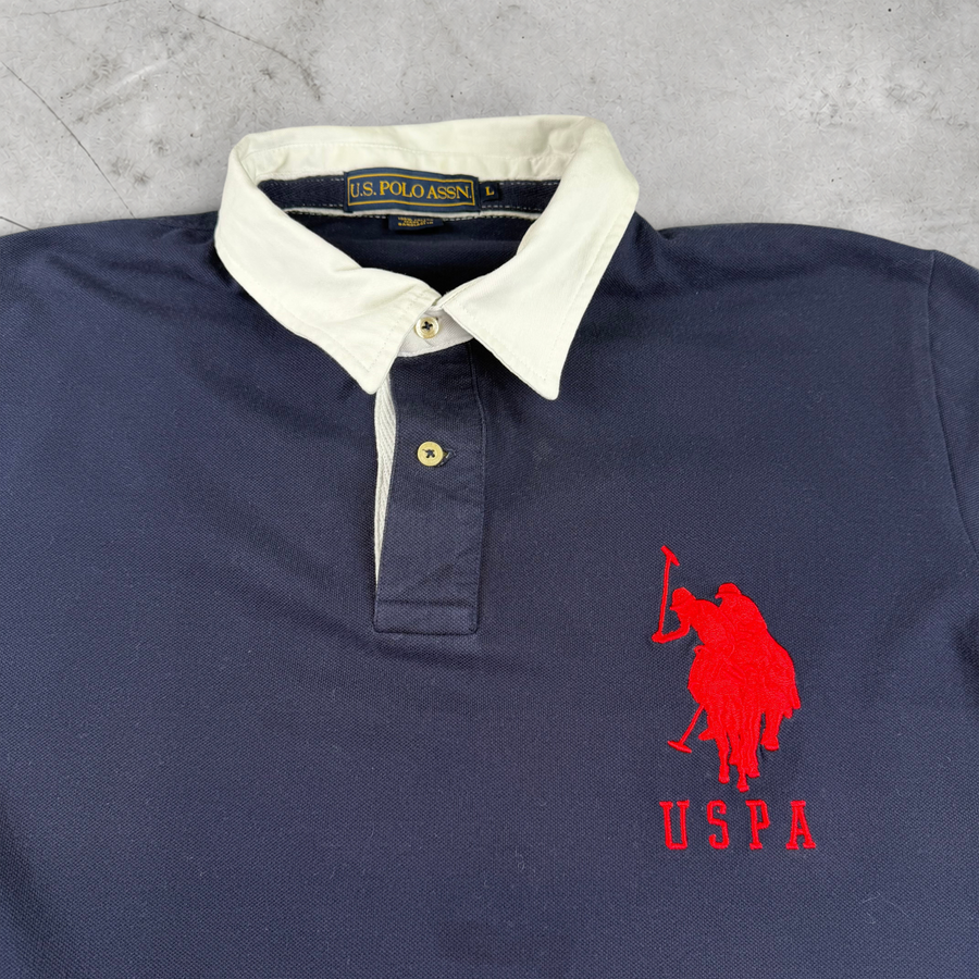 Wytek vintage blue cotton US Polo Assn poloshirt with a white collar and red embroidered logo