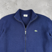 Wytek vintage blue Lacoste wool-blend zip-up cardigan with ribbed texture and iconic crocodile logo