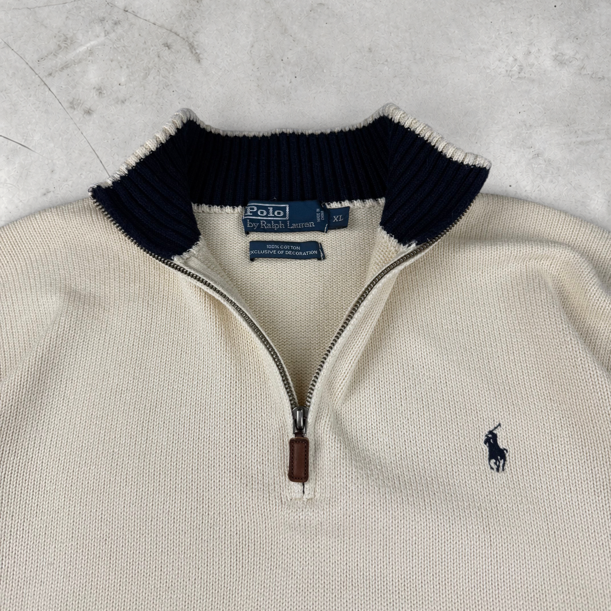 Wytek vintage Polo Ralph Lauren beige cotton quarter-zip pullover with navy ribbed collar and embroidered logo