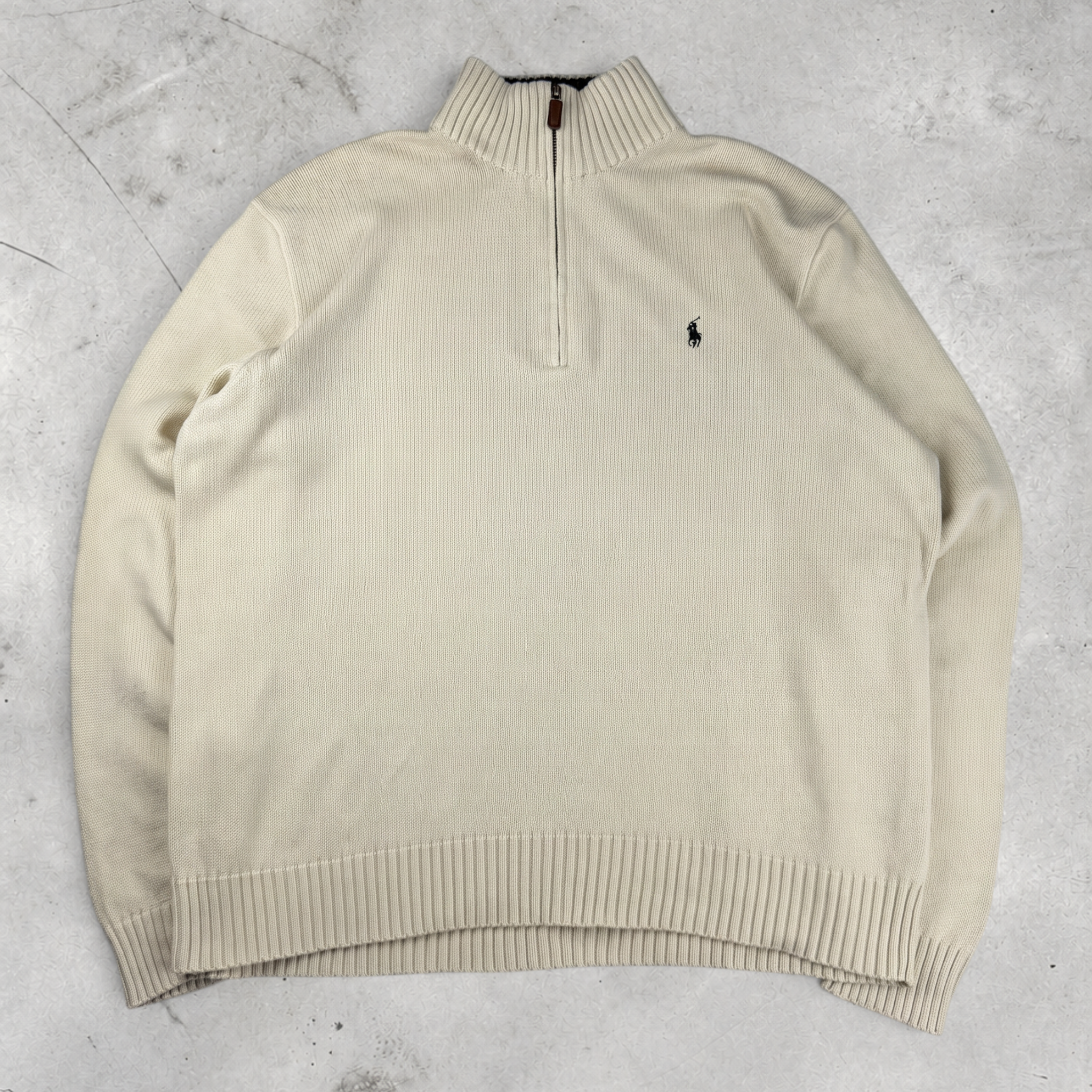 Wytek vintage Polo Ralph Lauren beige cotton quarter-zip pullover with ribbed collar and embroidered logo