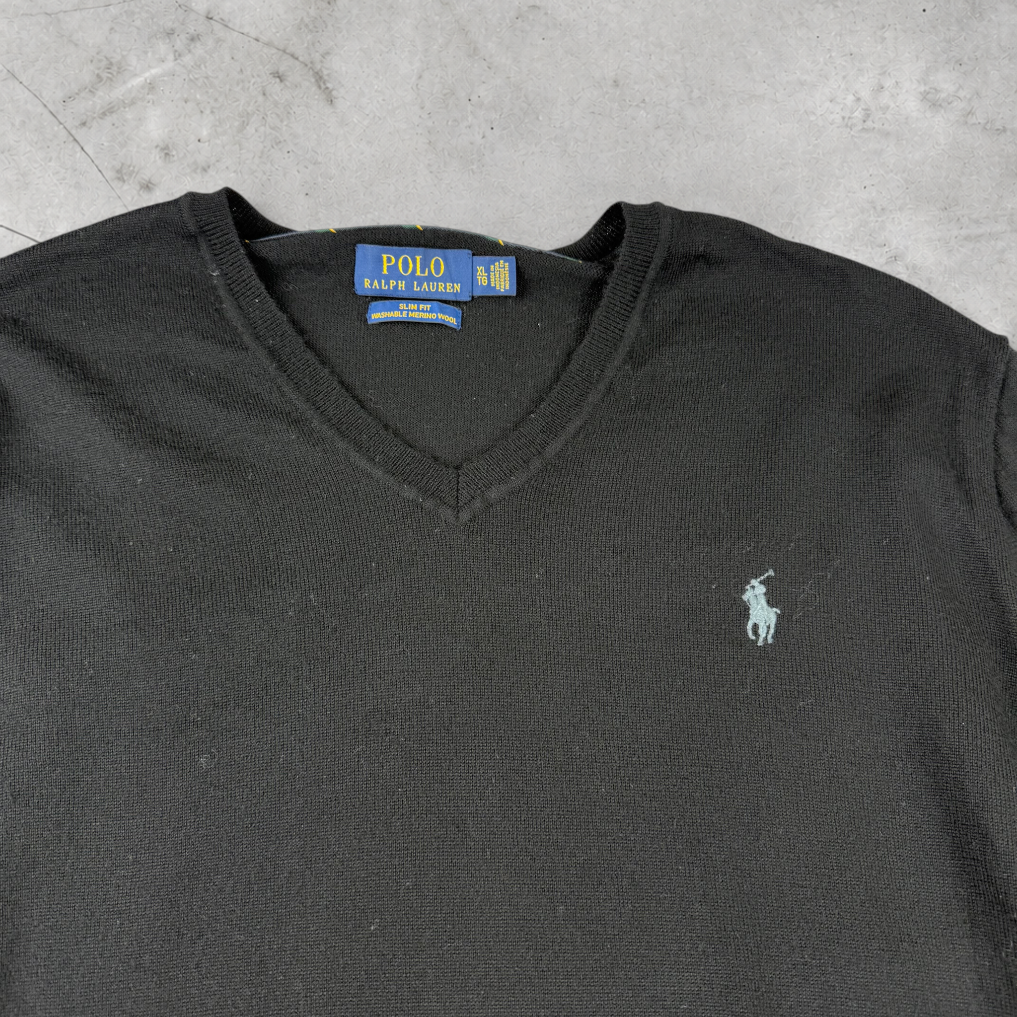 Wytek vintage Polo Ralph Lauren black merino wool V-neck sweater with embroidered logo on chest