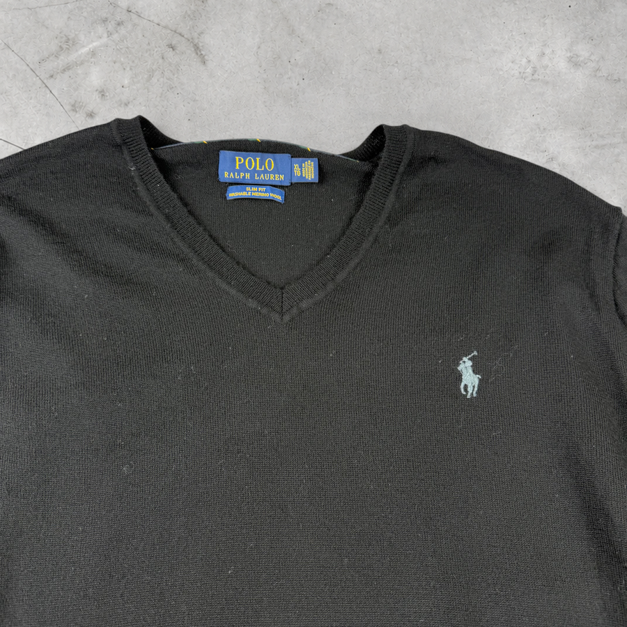 Wytek vintage Polo Ralph Lauren black merino wool V-neck sweater with embroidered logo on chest