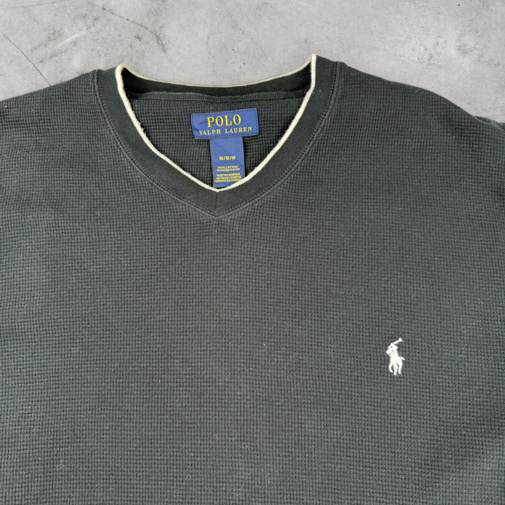 Wytek vintage black Polo Ralph Lauren V-neck sweatshirt in 100% cotton waffle knit fabric with white logo embroidery