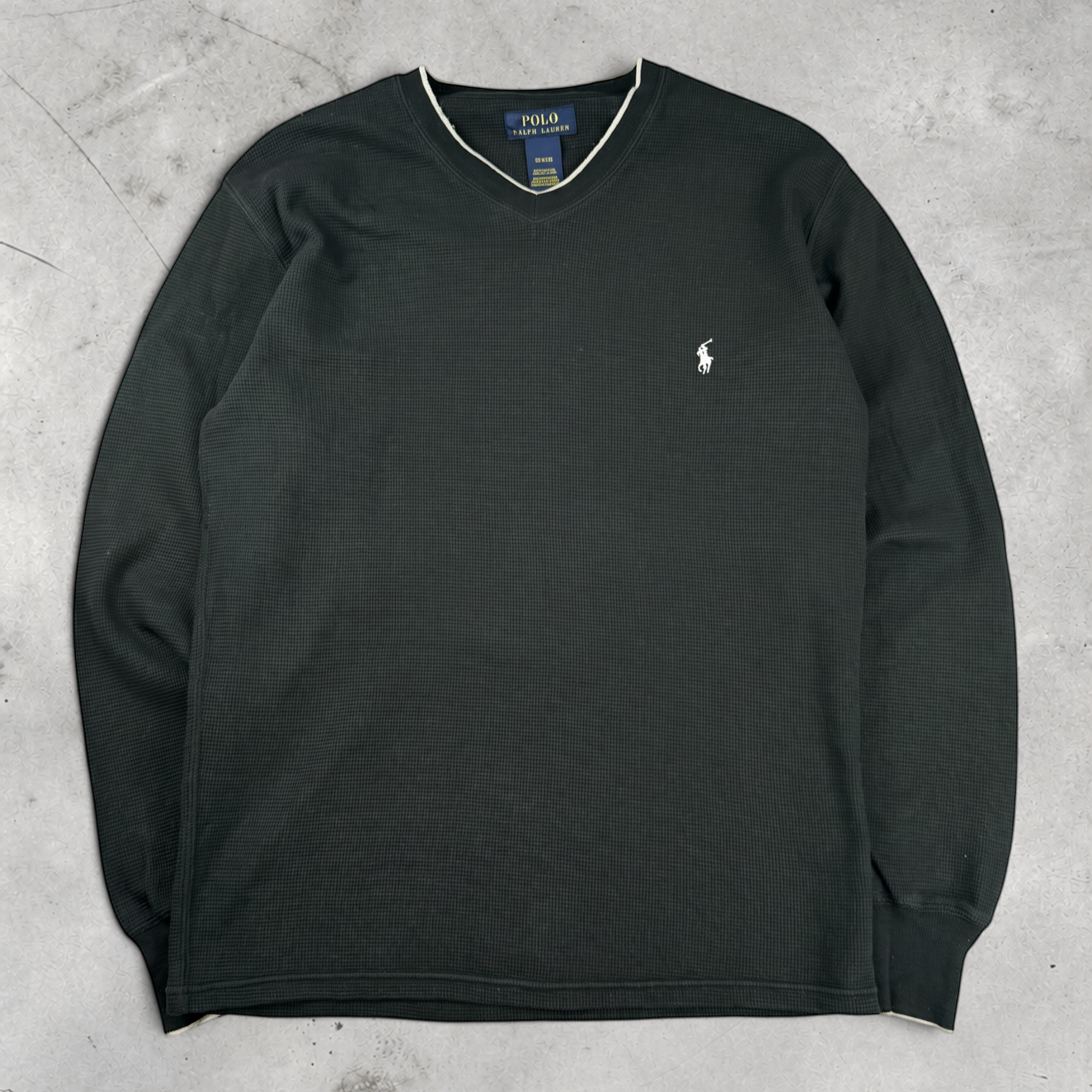 Wytek vintage black Polo Ralph Lauren V-neck sweatshirt in waffle-knit cotton with white logo embroidery