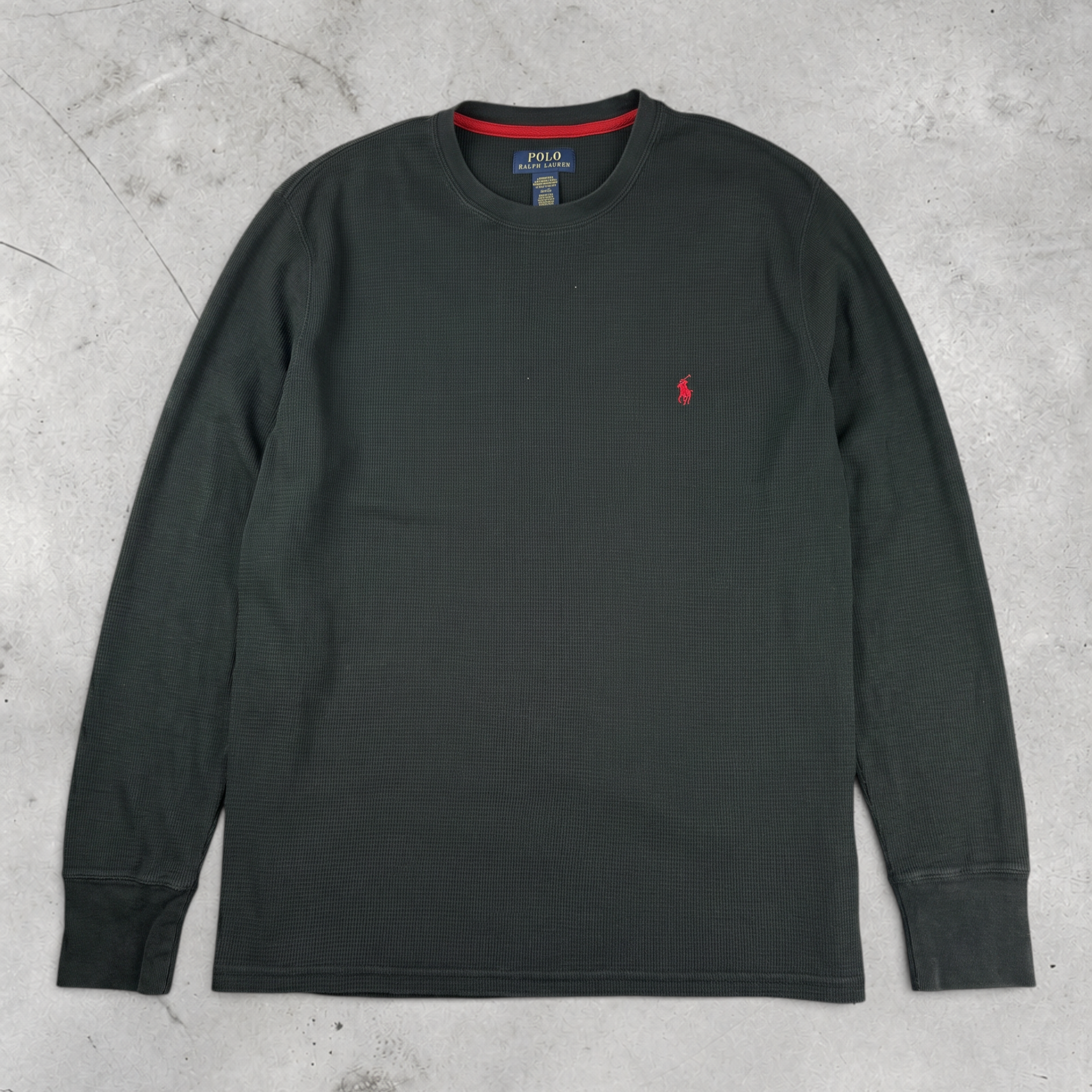 Wytek vintage Polo Ralph Lauren black waffle knit cotton sweatshirt with red logo embroidery