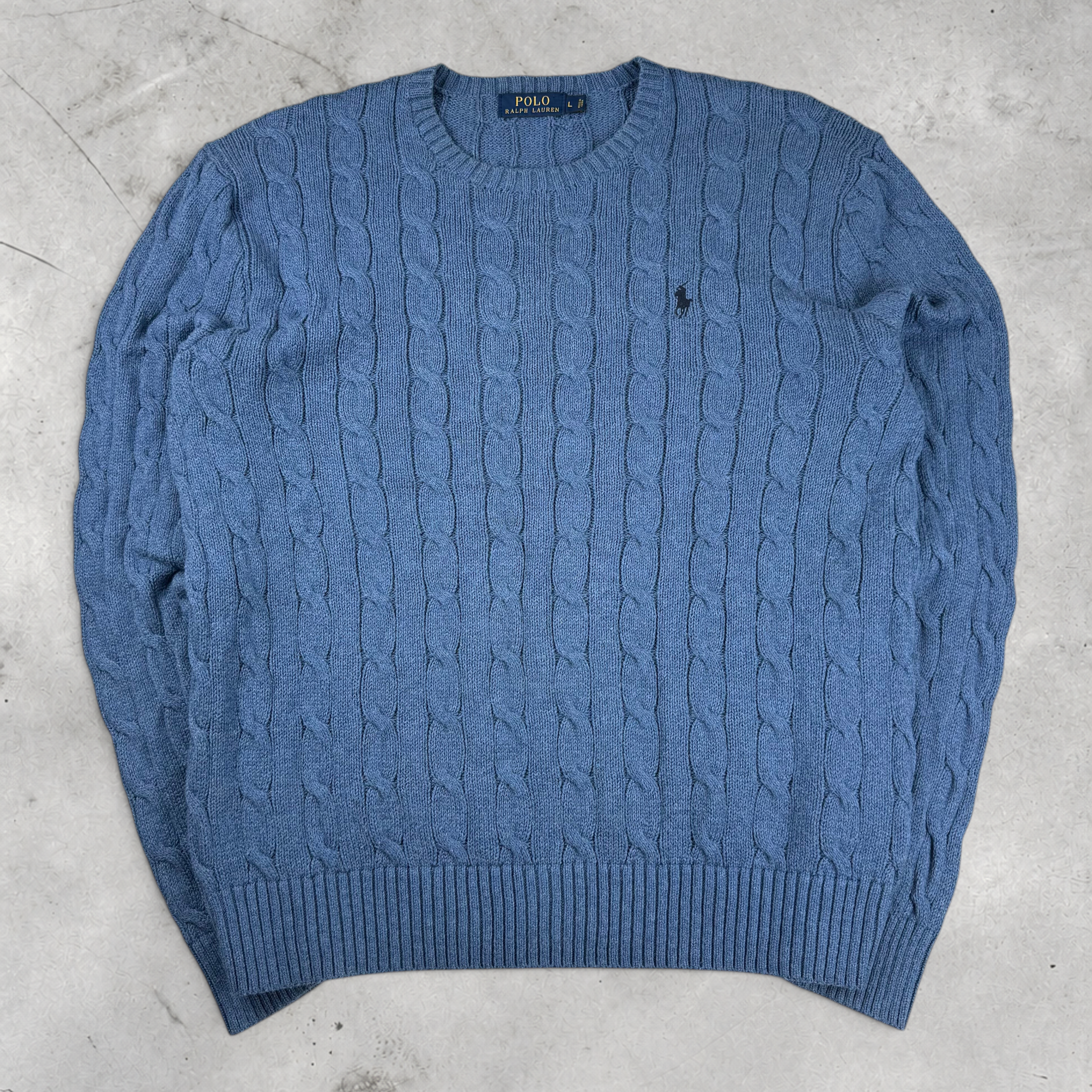 Wytek vintage blue Polo Ralph Lauren cable knit cotton sweater with crew neck and embroidered logo