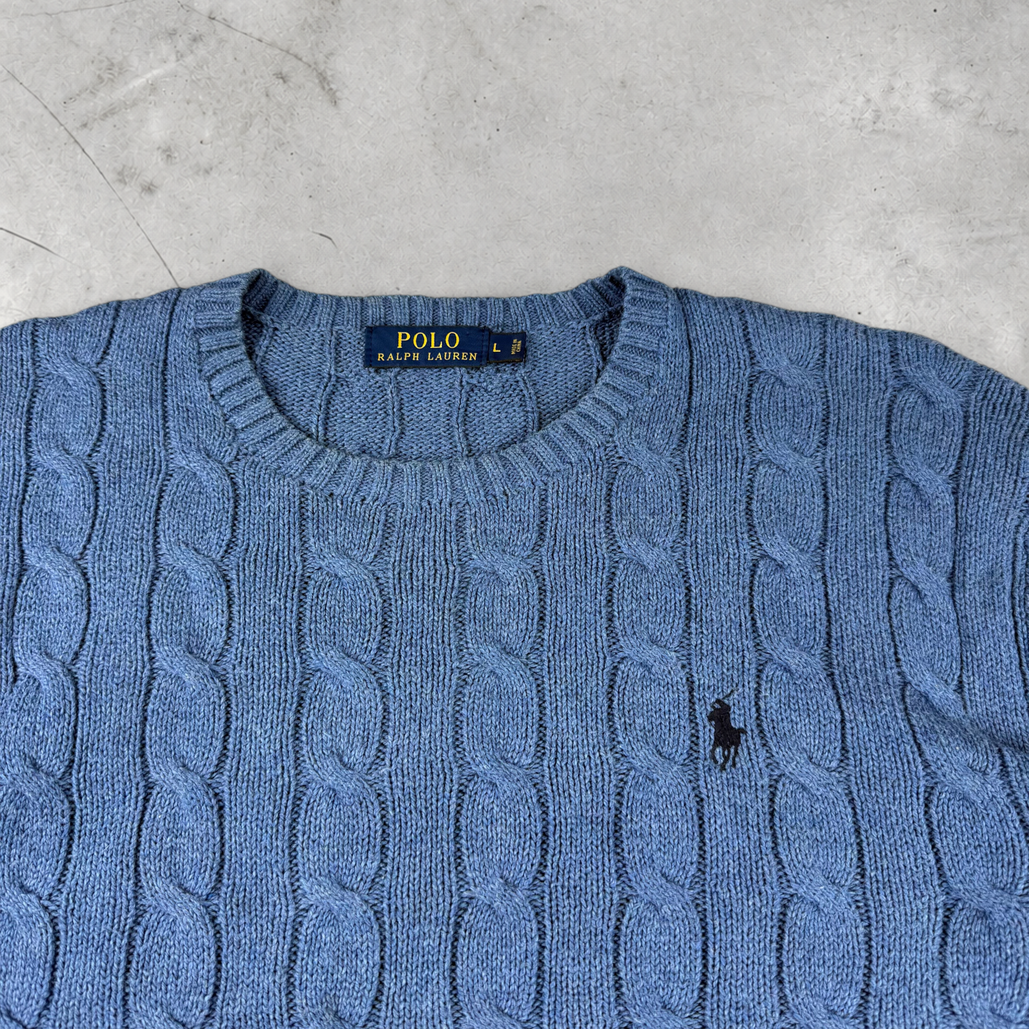 Wytek vintage blue Polo Ralph Lauren cable knit cotton sweater with crew neck and embroidered logo