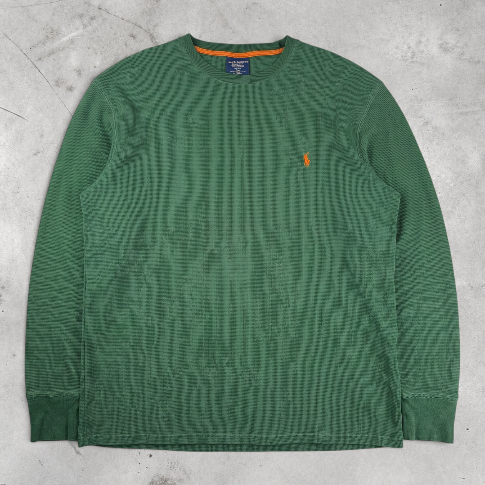 Wytek vintage green Polo Ralph Lauren waffle knit cotton sweatshirt with an orange embroidered logo