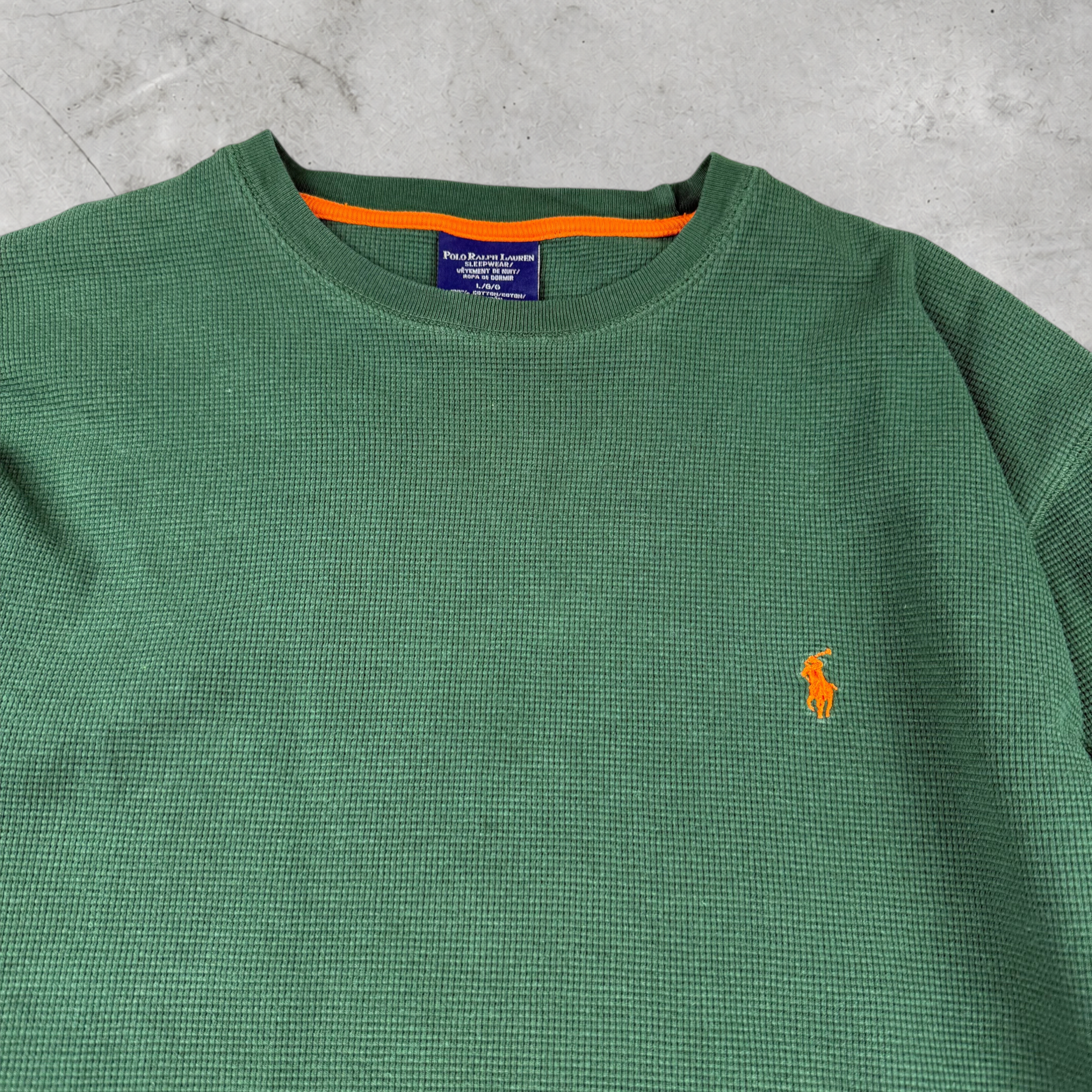 Wytek vintage green Polo Ralph Lauren waffle knit cotton sweatshirt with orange logo and neck trim