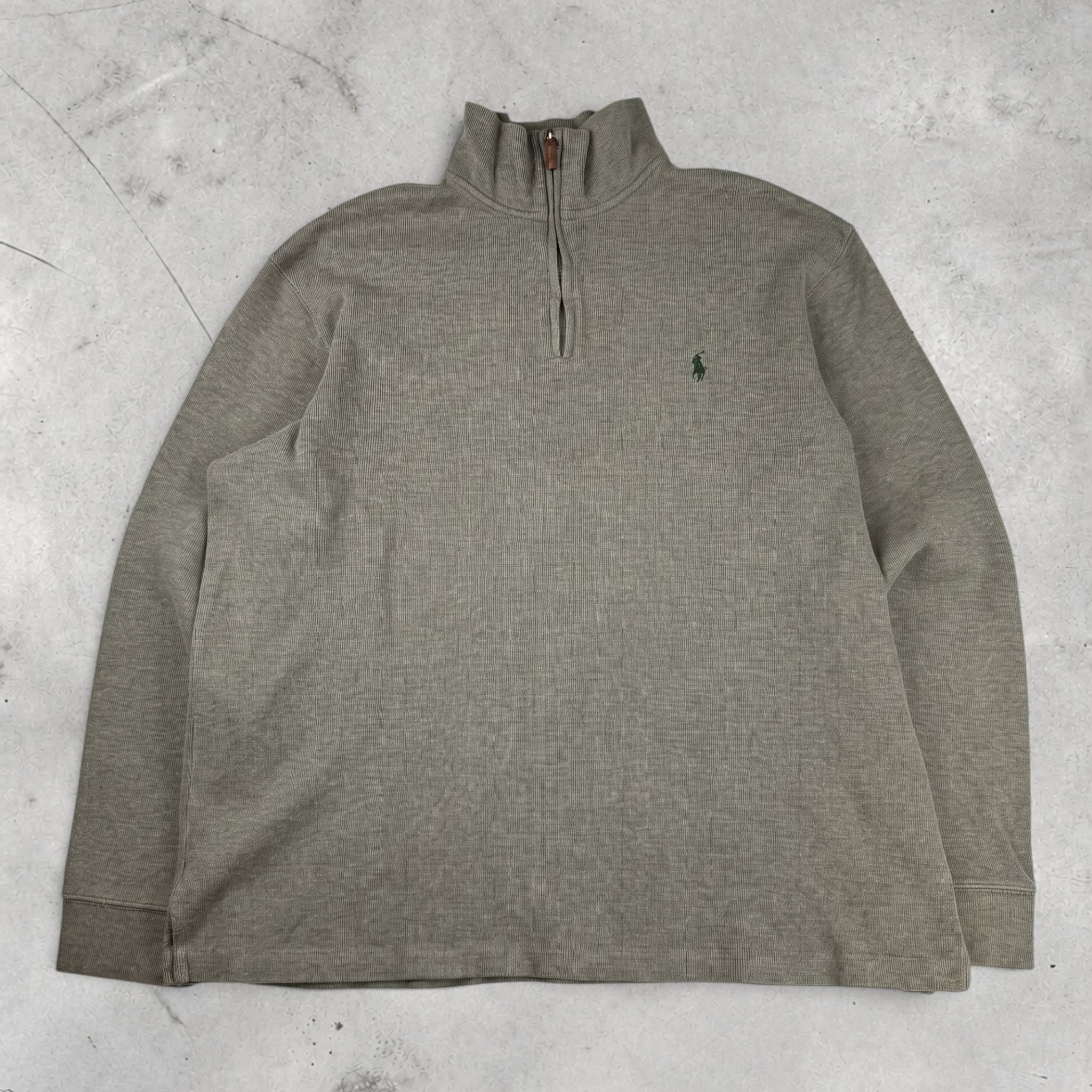 Wytek vintage Polo Ralph Lauren beige and green cotton quarter-zip sweatshirt with embroidered logo