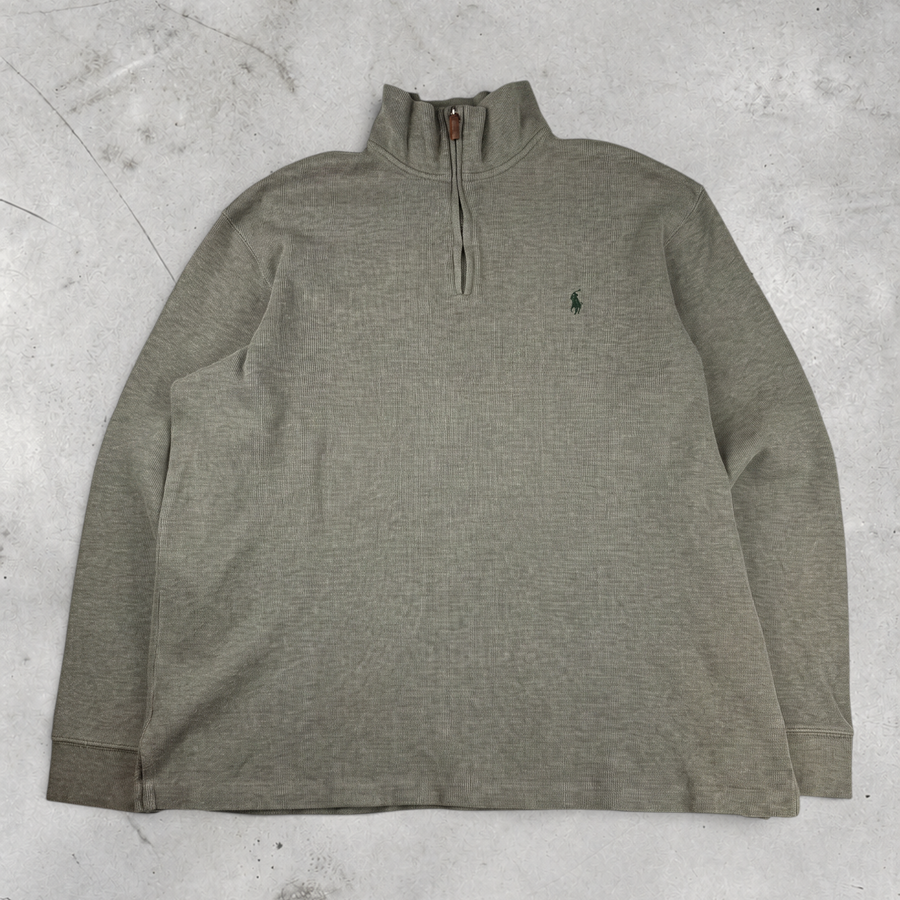Wytek vintage Polo Ralph Lauren beige and green cotton quarter-zip sweatshirt with embroidered logo