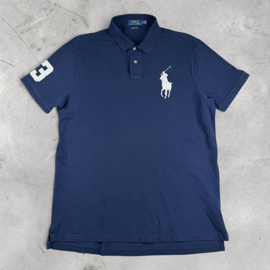 Wytek vintage blue Ralph Lauren custom slim fit cotton polo shirt with white embroidered logo and number 3 sleeve patch