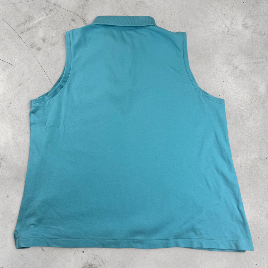 Wytek vintage Ralph Lauren light blue cotton sleeveless vest with a polo collar, back view.