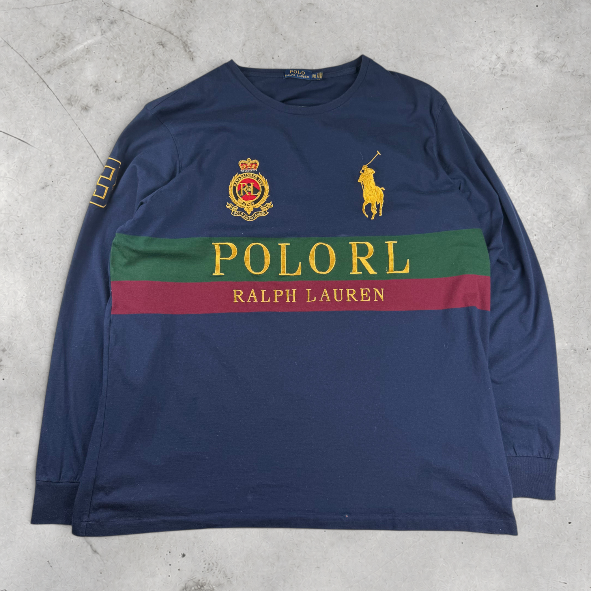 Wytek vintage navy blue Ralph Lauren long sleeve shirt with yellow and green chest graphic logo, size XXL.