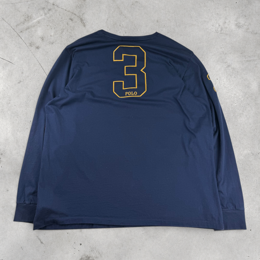 Wytek vintage Ralph Lauren navy blue long sleeve sweatshirt with yellow number 3 embroidery on the back