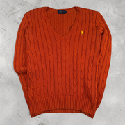 Wytek vintage Ralph Lauren orange cotton cable knit V-neck sweater with embroidered logo