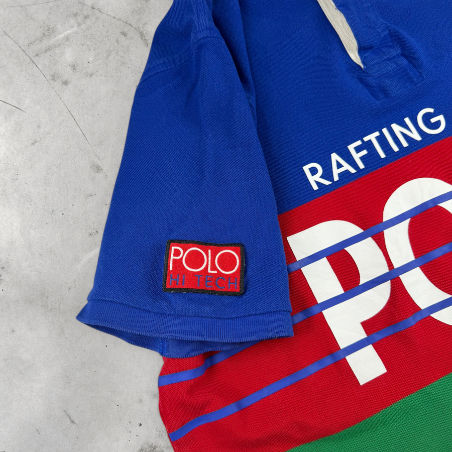 Wytek vintage Ralph Lauren Polo Hi Tech shirt in blue, red, and green cotton with rafting graphic detail.