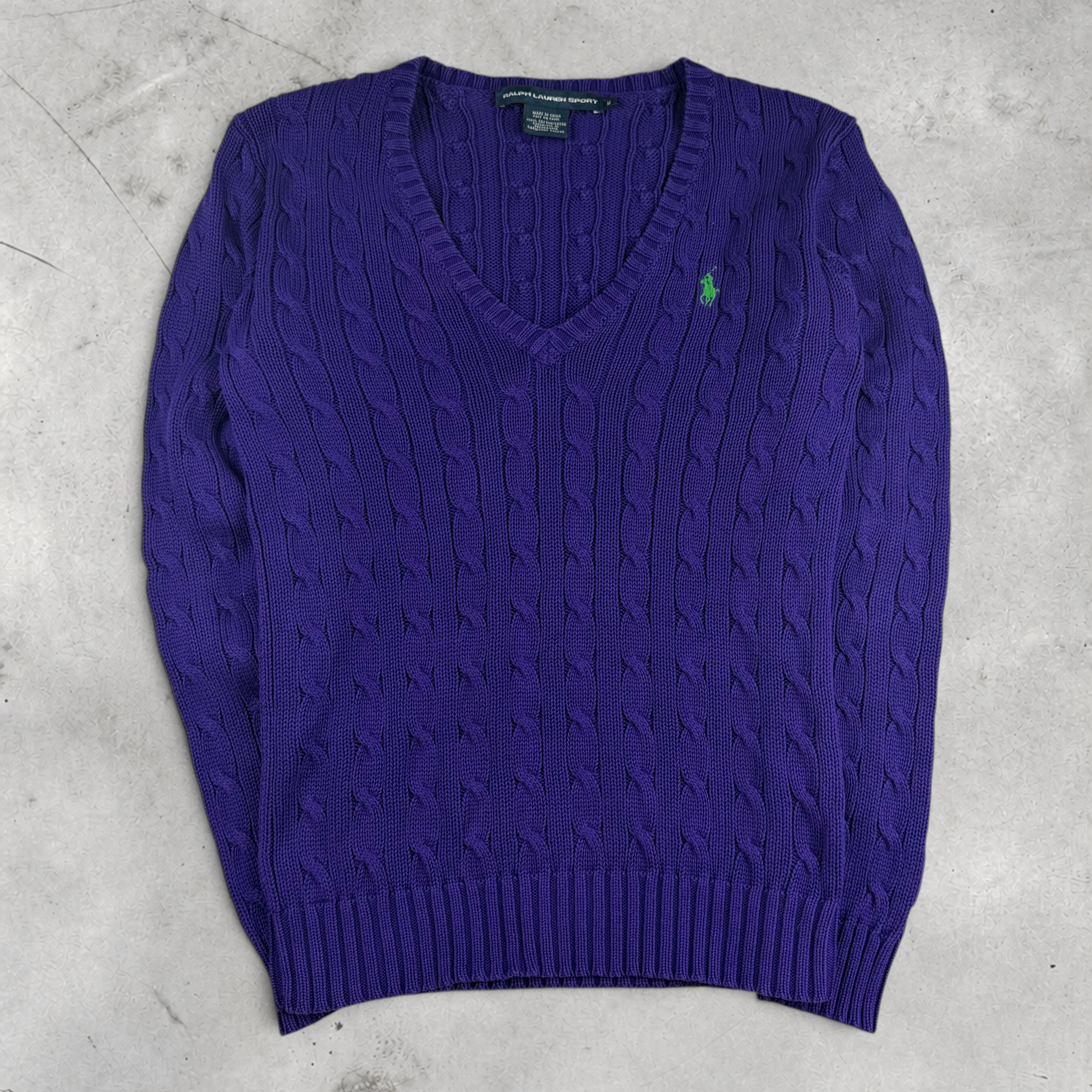 Wytek vintage purple Ralph Lauren cable knit cotton V-neck sweater with green embroidered logo